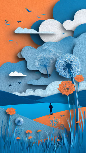 Layered paper-cut landscape with giant blue dandelions, orange sky, birds, and a lone walking silhouette.