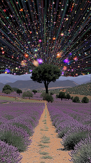 Surreal lavender farm path leading to a lone tree beneath a radiant multicolored starburst galaxy-lit night sky.