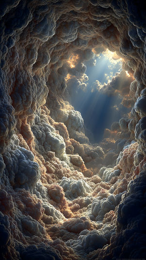Surreal fractal cloud-like cavern with sunlight rays piercing through intricate swirling volumes and textures.