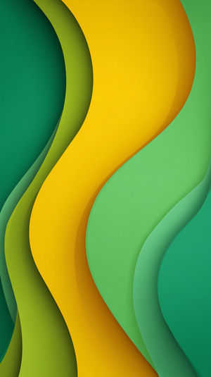 Colorful abstract 4K wallpaper of layered paper-cut waves in green, yellow, and teal with smooth curved shapes.