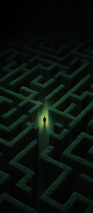 A lone figure stands at an illuminated doorway in a dark green hedge maze, bathed in an eerie glowing light.