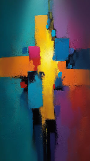 Textured abstract wall art featuring a bold yellow cross over vibrant turquoise, orange, pink, and purple blocks.