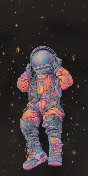 Neon-colored astronaut drifting in deep black space, surrounded by sparkling gold stars on a dark artistic background
