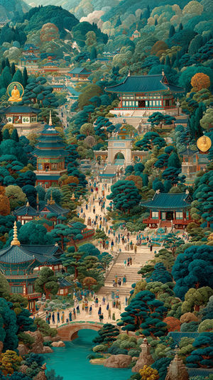 A vertical view of a sprawling Buddhist temple village surrounded by dense forested mountains and a turquoise river