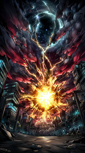 Anime-style city street as a blazing golden explosion erupts skyward with lightning and a dark starry portal above.