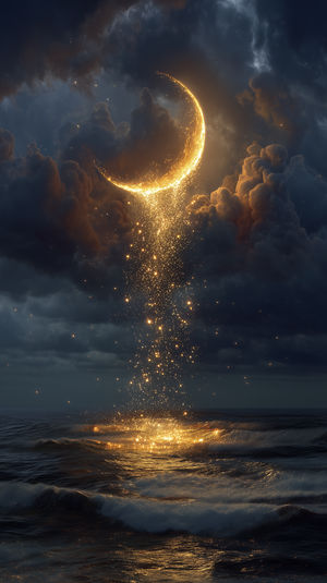 Glowing golden crescent moon spilling sparkling light through dark storm clouds onto churning ocean waves at night.