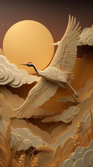 Paper-cut crane soaring before a golden sun with clouds and warm sunset tones — paper art 4K.
