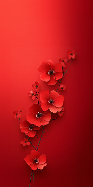 Minimalist red wallpaper with stylized flower branches and delicate blossoms on a deep crimson background.