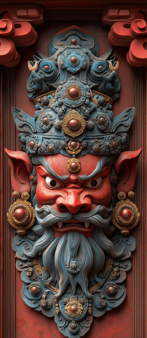 Close-up of an ornate red and blue temple guardian mask sculpture with gold embellishments, fierce expression, and stylized beard details