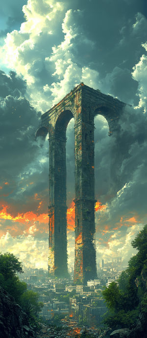 A massive ruined aqueduct stands over an overgrown, decayed city under dramatic clouds and fiery sunset glow.