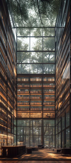 Interior view of a modern glass-walled library atrium with tall wooden bookshelves, lounge seating, and forest views.
