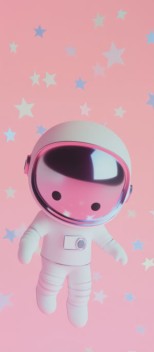 Kawaii astronaut floating against a pastel pink backdrop dotted with soft pastel stars for a whimsical space theme