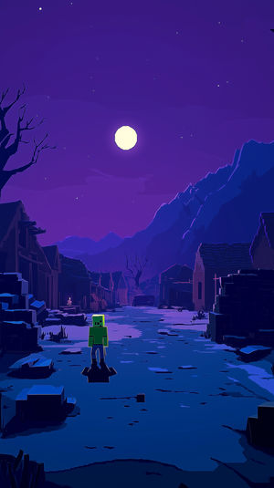 A green block figure stands amidst ruined village houses under a glowing full moon and starry purple sky.