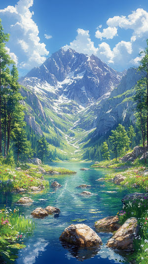 Crystal-clear alpine lake among lush green trees and wildflowers, framed by snow-capped mountains under a vibrant blue sky.