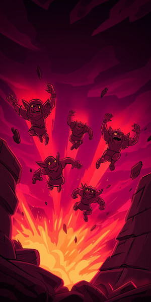 Cartoon goblins leaping into a volcanic lava pit surrounded by glowing red rocks and fiery eruption.