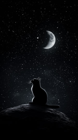 Silhouette of a cat sitting on a rocky hill under a star-filled sky with a glowing crescent moon overhead.