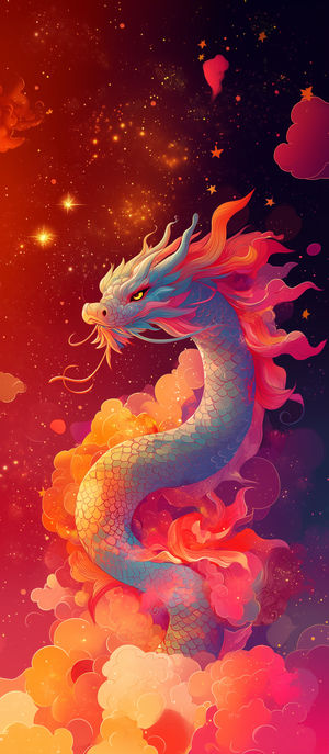 Majestic colorful oriental dragon coils through glowing red and orange clouds against a starry night sky.