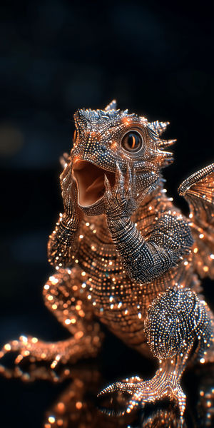 Close-up of a glowing digital lizard made of tiny luminous nodes, set against a dark background with neon highlights.