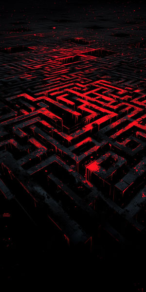 A dark 3D digital maze pattern with glowing red corridors and dripping edges, creating a menacing abstract labyrinth.