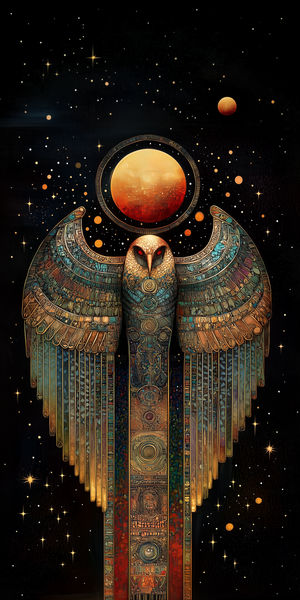 Intricate Egyptian-style cosmic falcon with outstretched mosaic wings beneath glowing golden orb in space