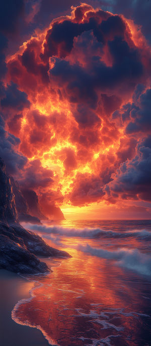 Dramatic fiery sunset sky with glowing orange clouds above a rocky coastline and reflective ocean waves at dusk.