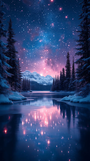 A snowy forest lake at night reflecting pink and blue galaxy lights under a star-filled sky and towering pine trees.