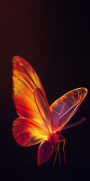 Macro view of a glowing neon butterfly with luminous orange-red wings against a dark background.