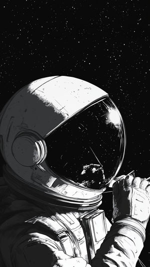 Monochrome illustration of an astronaut adjusting tether against a star-filled black space background.