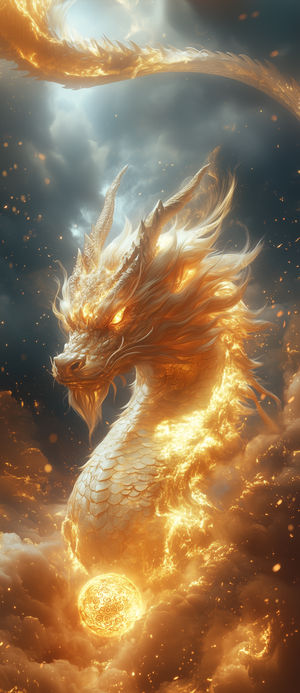 Golden dragon emerging from stormy clouds, its glowing scales and fiery mane illuminating a radiant orb below.