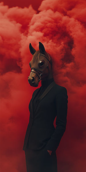 Person wearing a realistic horse mask and black suit standing amid swirling red smoke clouds in a dramatic pose.