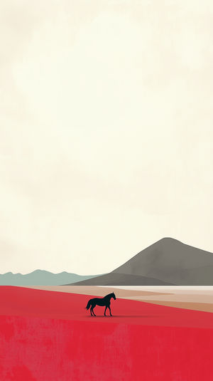 A lone horse silhouette crosses a red desert plain with muted green mountains in the distance under a pale cream sky.