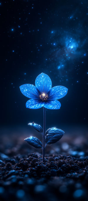 Close-up of a luminous blue flower with sparkling petals emerging from dark soil, set against a star-filled cosmic night sky.