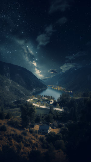 Starry Milky Way arching over a mountain lake valley at night, with illuminated village lights reflecting on calm water