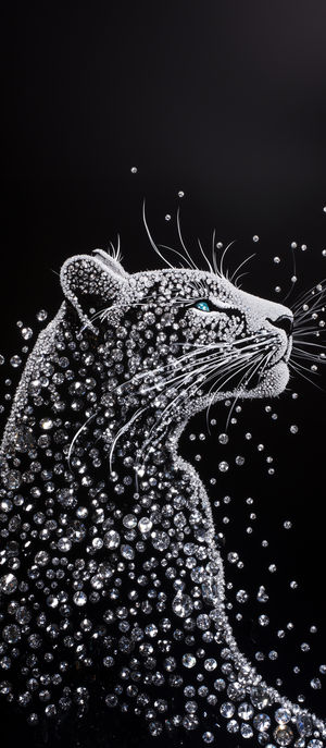 Abstract side profile of a leopard head composed of sparkling diamond particles floating on a dark background.