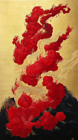 Abstract painting with swirling red smoke-like forms and gold brushstrokes rising from a dark base, textured background.