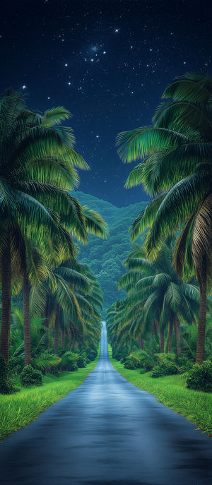A straight road flanked by tall palm trees leading into dense green hills beneath a clear star-filled night sky.