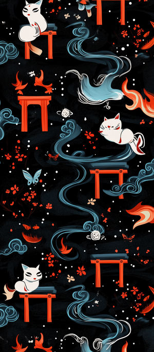 Dark wallpaper featuring white kitsune foxes among red torii gates, blue swirling smoke and delicate cherry blossoms.