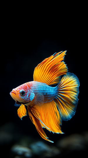 Close-up portrait of a blue and orange Betta fish swimming against a solid black background.