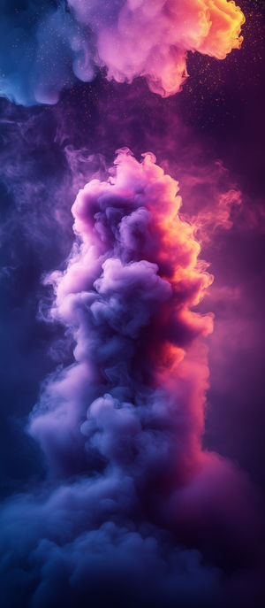 A vertical 4K digital art wallpaper of swirling abstract smoke plumes in vibrant purple, blue, and orange hues.
