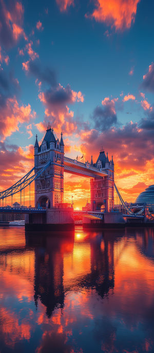Vibrant sunset view of London's Tower Bridge over the Thames River, with orange and pink clouds reflecting in the water.
