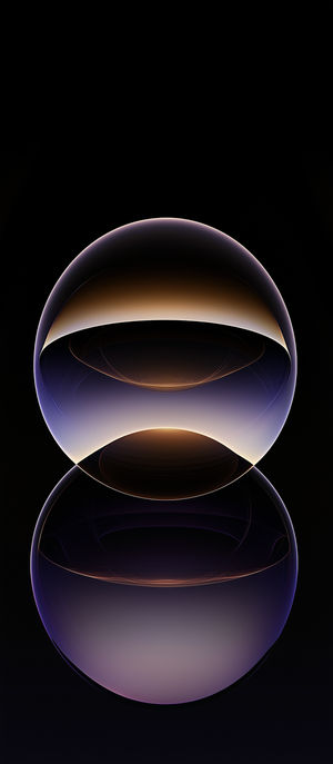 Two translucent abstract spheres with golden and purple gradient glow on a deep black background, minimalist art.