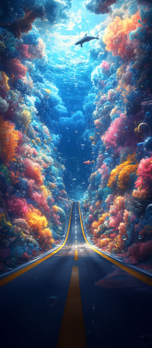 A road ascending through towering colorful coral reefs underwater toward a sunlit surface with a dolphin silhouette above