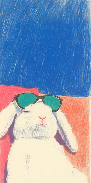 Pastel sketch of a white rabbit lying back in green sunglasses against vibrant blue and orange color blocks.