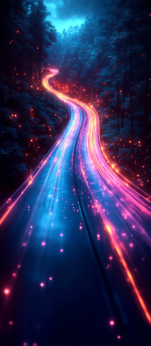 A glowing neon light trail in blue and pink winds through a dark forest at night, with trees and floating sparkles.