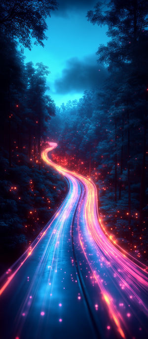 A winding neon-lit road glowing with pink and blue light trails through a dark, dense forest at night.