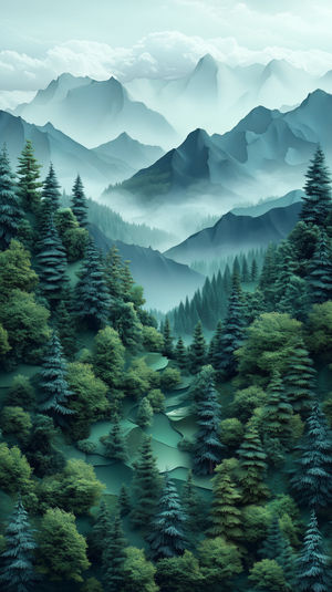 Digital 4K wallpaper of a misty mountain forest with lush pine trees, rolling green hills and foggy atmosphere.