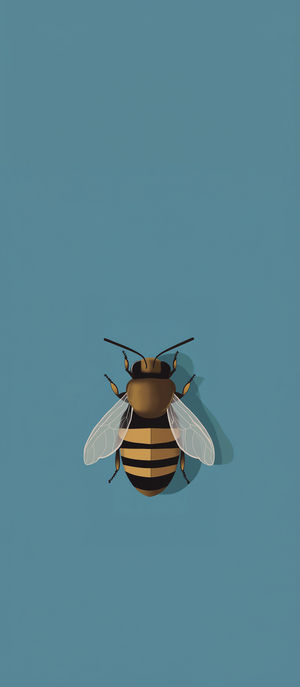 A minimalist illustration of a honey bee with transparent wings against a solid pastel blue background