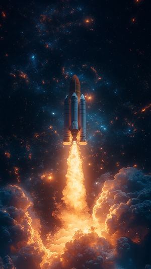 Rocket ascending through glowing orange clouds into a star-filled dark blue space scene with fiery exhaust.
