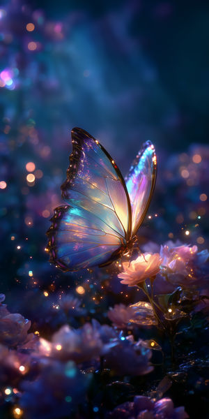 Iridescent butterfly perched on a glowing flower with magical bokeh lights in a dark ethereal forest scene