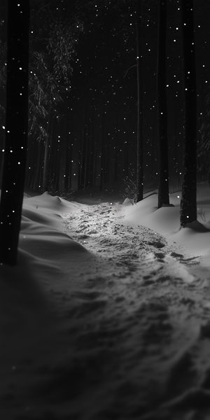 A snowy forest trail at night with tall dark trees on either side, fresh snow covering the ground and gentle flakes falling